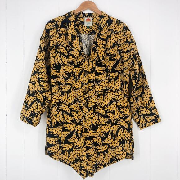 Farm Rio Black Spotted Bananas Romper 100% Linen Button Front Size Medium Yellow